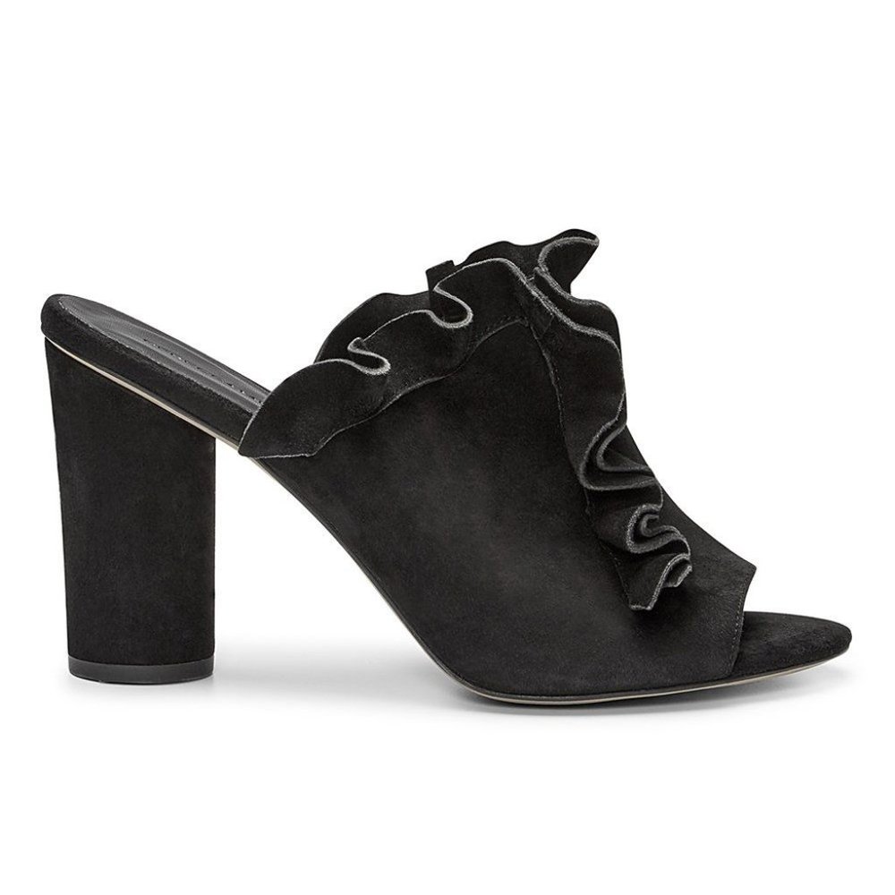 Rebecca Minkoff Jaxon Mules Black Suede Ruffled Heels Sandals